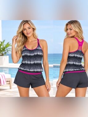 Gerry Womens Tankini +
Short Swimsuit Pink, Black & 
Gray Size S/P Razorback